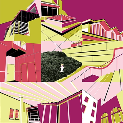 nine art boards of neon illustrated architecture sites around campus