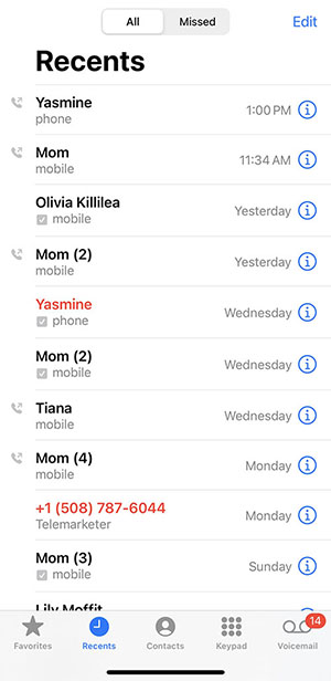 screenshot of phonecalls