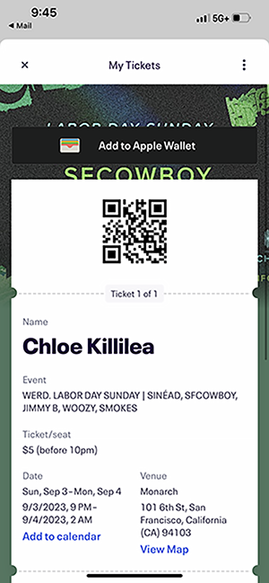 screenshot of a mobile ticket for an event